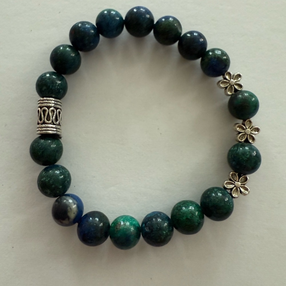 Chrysocolla Gemstone Bracelet with Silver Flowery Accents